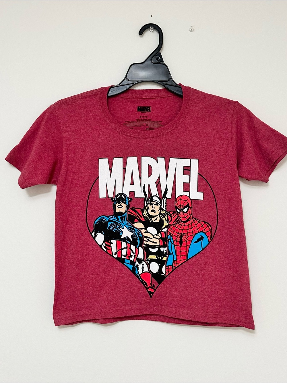 Marvel CroppedGraphic Tee - Heather Red with Marvel Characters Women's Small
